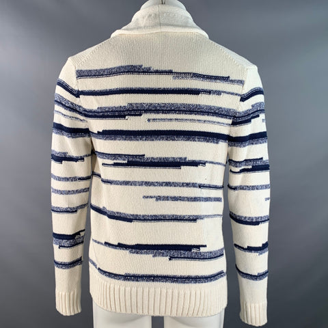 VINCE Size S Cream Blue Stripe Cotton Shawl Collar Cardigan