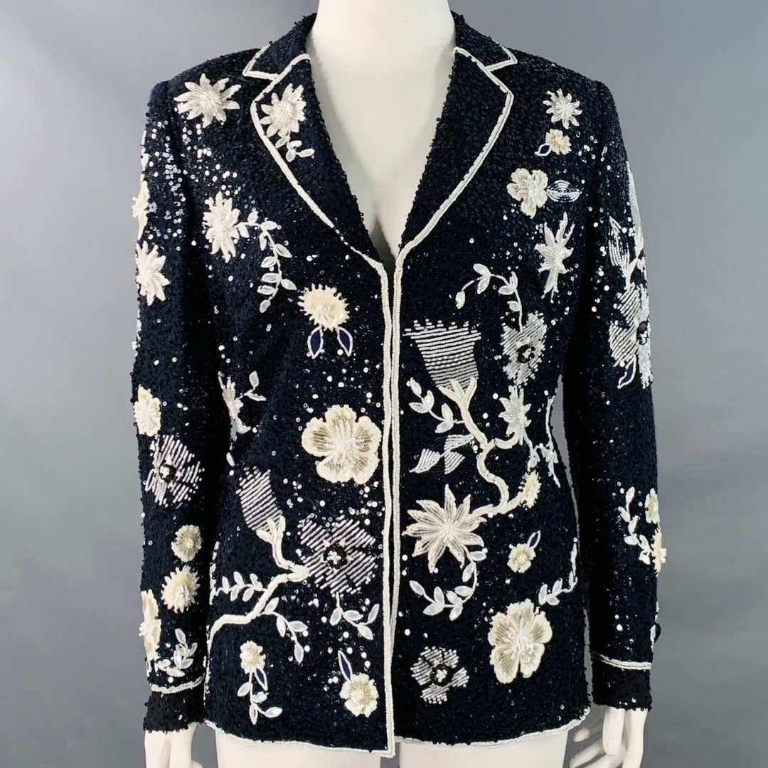 ESCADA Size L Navy Black White Sequined Beaded Floral Jacket Blazer