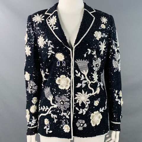 ESCADA Taille L Veste Blazer Fleurie Pailletée Perlé Bleu Marine Noir Blanc