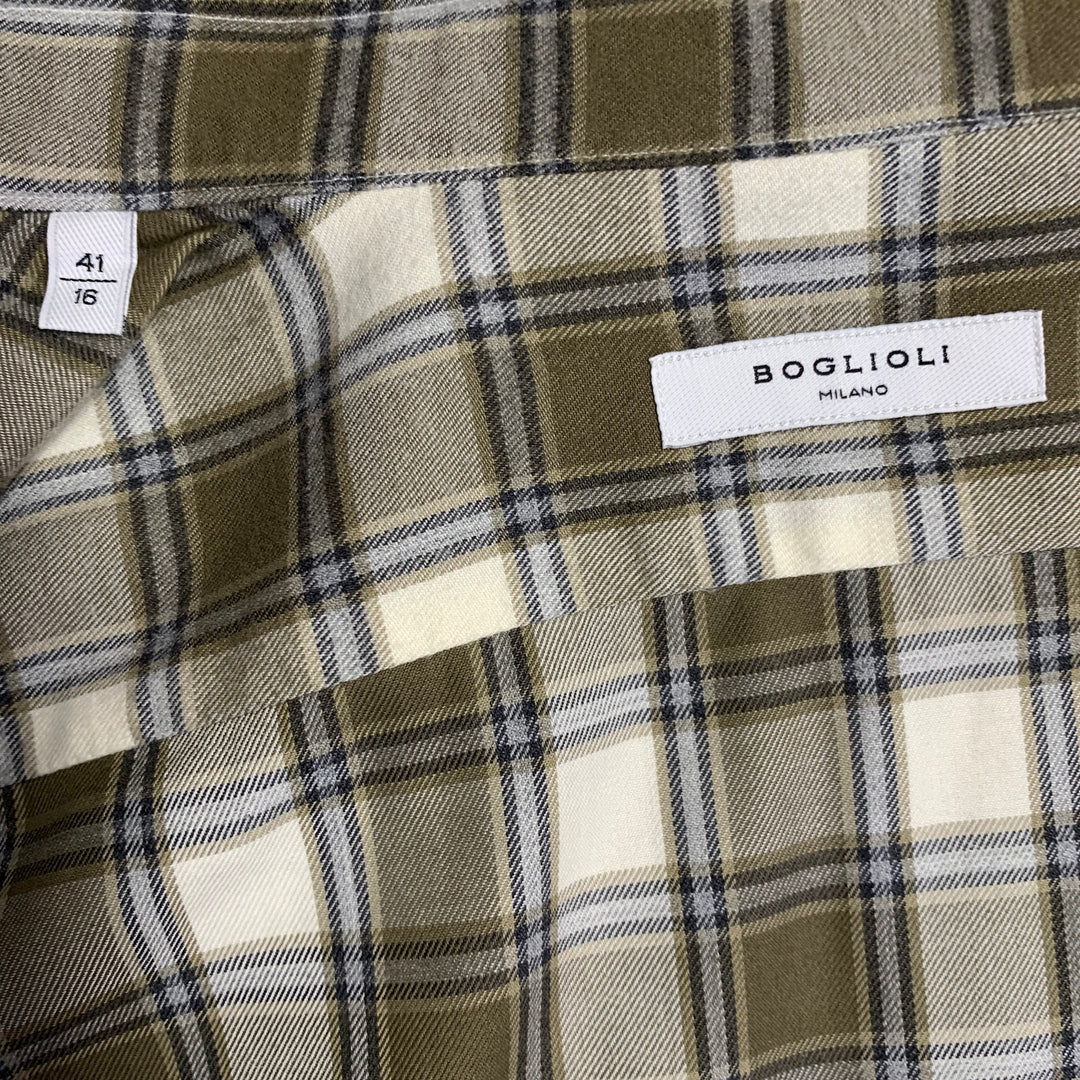 BOGLIOLI Size L Cream Olive Plaid Cotton Twill Spread Collar Long Sleeve Shirt