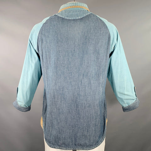 WHITE MOUNTAINEERING Size L Light Blue Color Block Cotton Long Sleeve Shirt