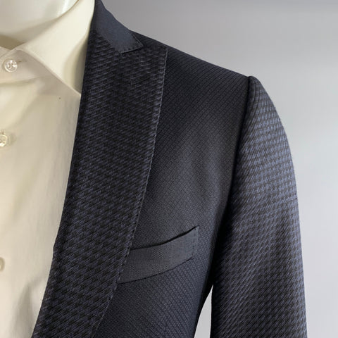 ETRO Chest Size 42 Black Navy Jacquard Wool Silk Peak Lapel Sport Coat
