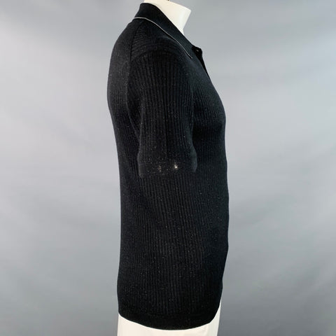 PRADA Size L Black Gold Shimmer Rib Knit Cashmere Blend Short Sleeve Polo