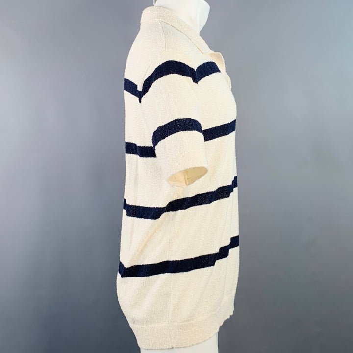 TODD SNYDER Size M Cream Navy Stripe Cotton Blend Terry Polo