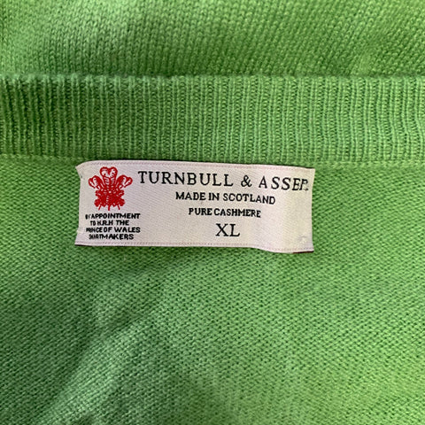 TURNBULL & ASSER Size XL Green Knitted Cashmere V-Neck Sweater
