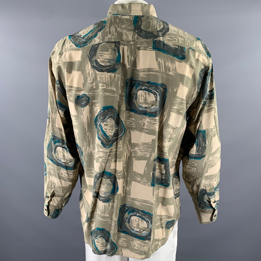 PERRY ELLIS Size L Green Olive Abstract Silk Pointed Collar Long Sleeve Shirt