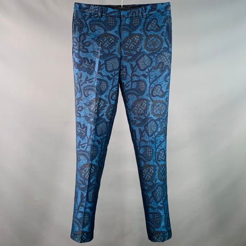 E. TAUTZ Size 32 Blue Navy Jacquard Wool Silk Tapered Dress Pants