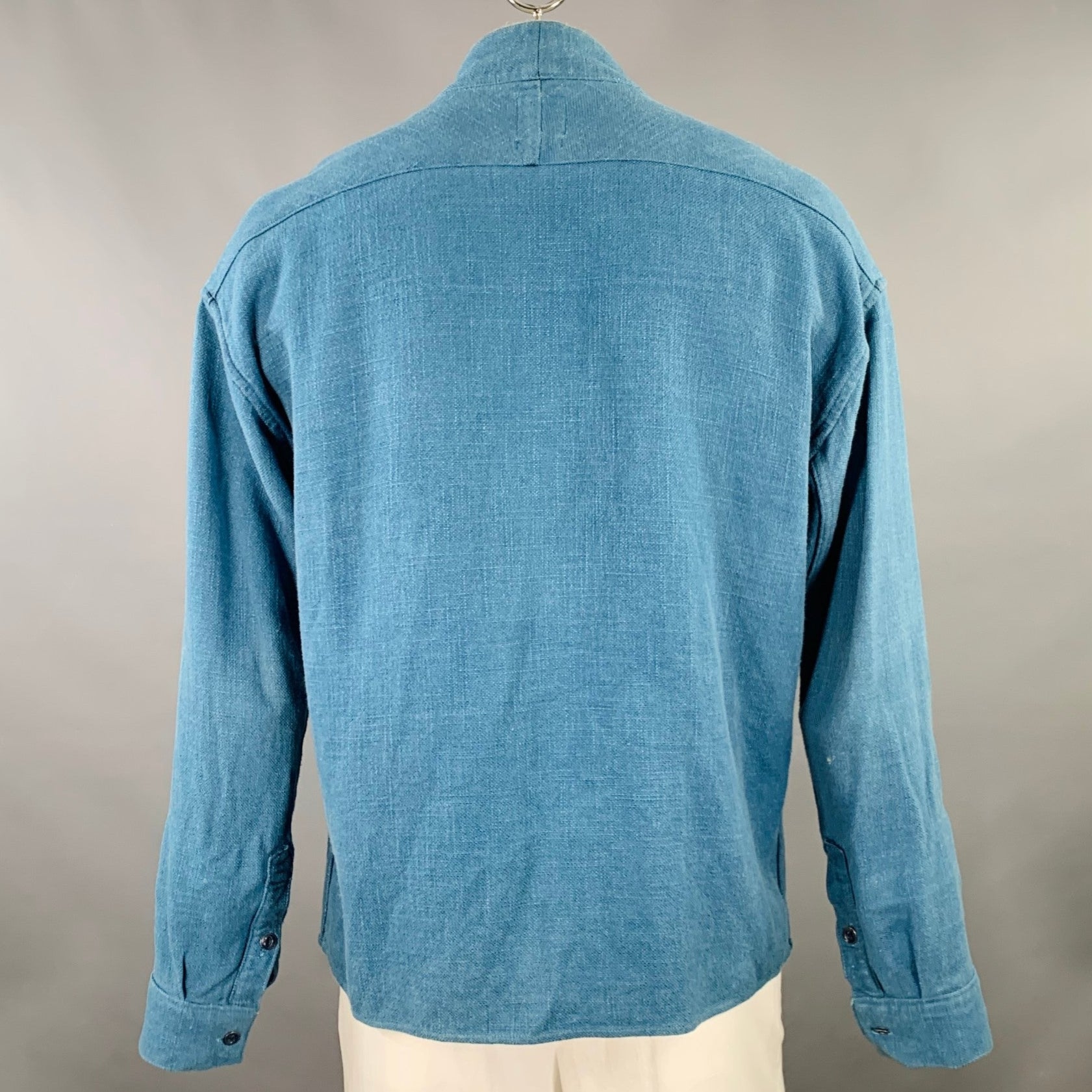 VISVIM Size XL Lhamo Blue Woven Rayon Linen Collarless Long Sleeve