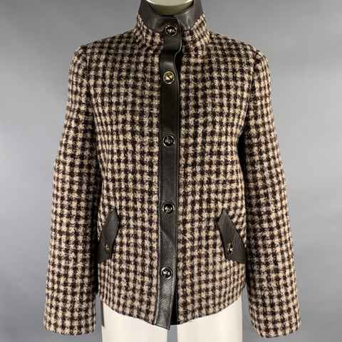 GIORGIO ARMANI Size 6 Brown Cream Alpaca Plaid Leather Trim Jacket