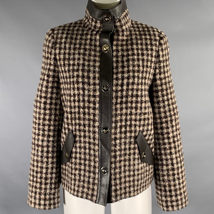 GIORGIO ARMANI Size 6 Brown Cream Alpaca Plaid Leather Trim Jacket