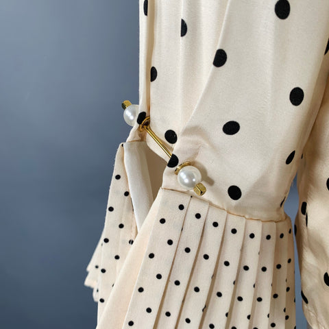 MOTHER OF PEARL Size 4 Beige Black Viscose Polka Dot Pleated Blouse