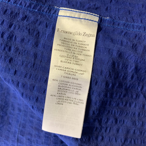 ERMENEGILDO ZEGNA Size XL Blue Seersucker Linen Blend Long Sleeve Shirt