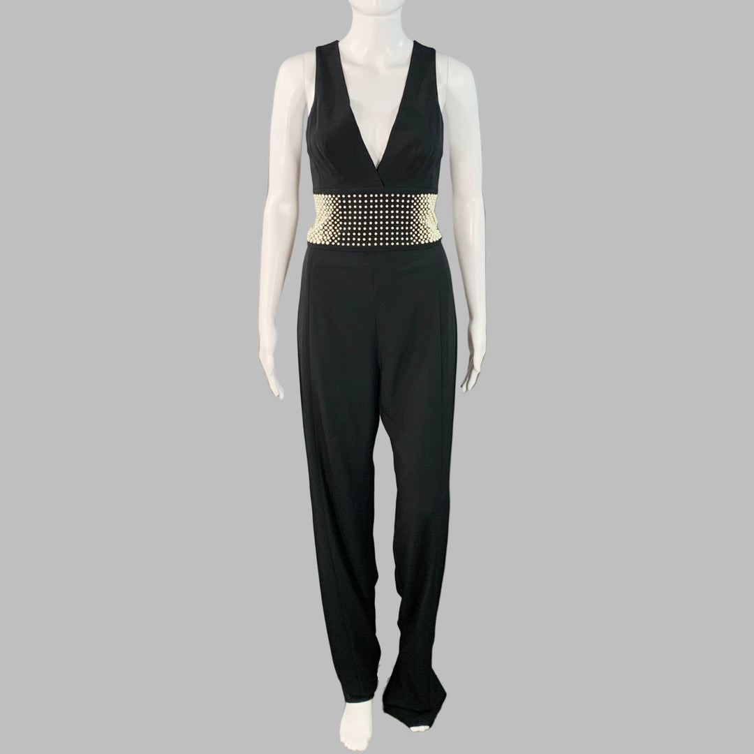 LA PERLA Size 4 Black White Viscose Blend Faux Pearl Embellishment V-Neck Jumpsuit