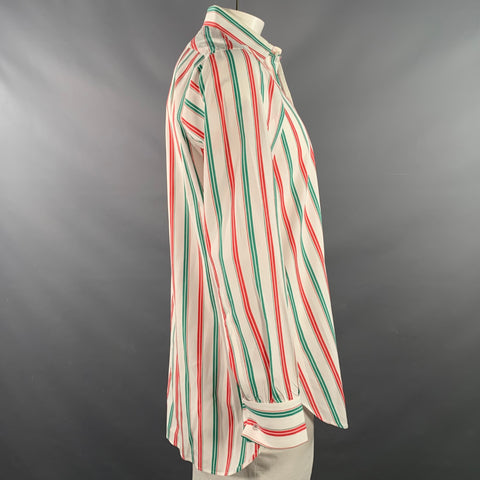 TURNBULL & ASSER Vintage Size L White Green Red Stripe Cotton French Cuff Long Sleeve Shirt