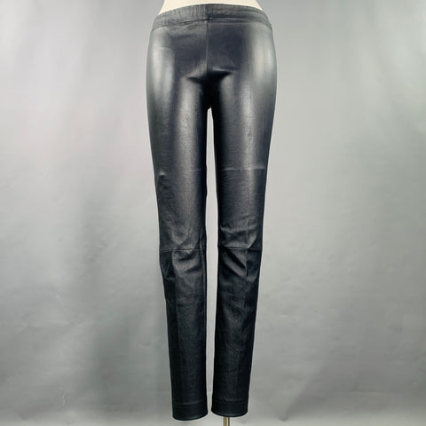 THE ROW Size XL Navy Lambskin Leather Elastic Waistband Dress Pants