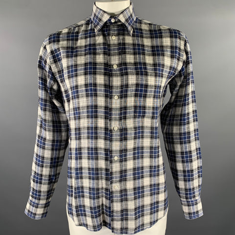 BRIONI Size L Blue Black White Plaid Linen Pointed Collar Long Sleeve Shirt