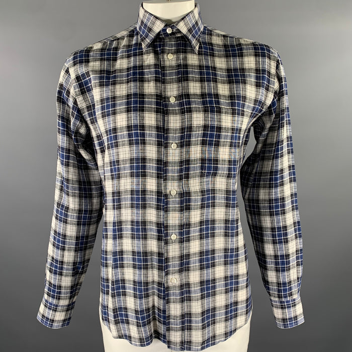 BRIONI Size L Blue Black White Plaid Linen Pointed Collar Long Sleeve Shirt