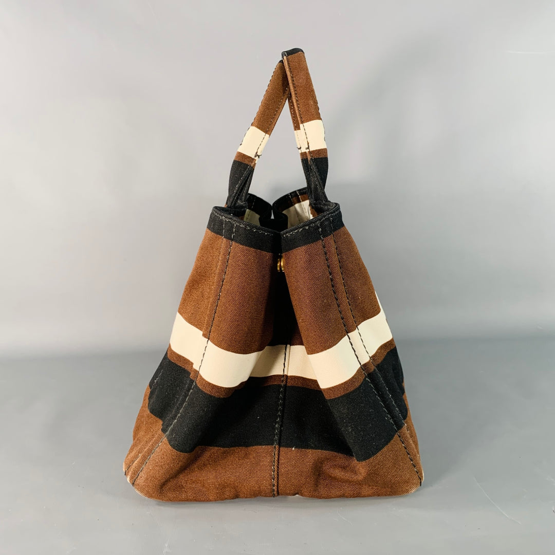 PRADA Canapa Brown Black White Stripe Canvas Open Top Tote Handbag