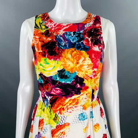 PRABAL GURUNG Size 8 White Multi Color Cotton Blend Floral Sleeveless Dress