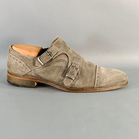 JOHN VARVATOS Size 9.5 Grey Suede Perforated Double Monk Strap Loafers