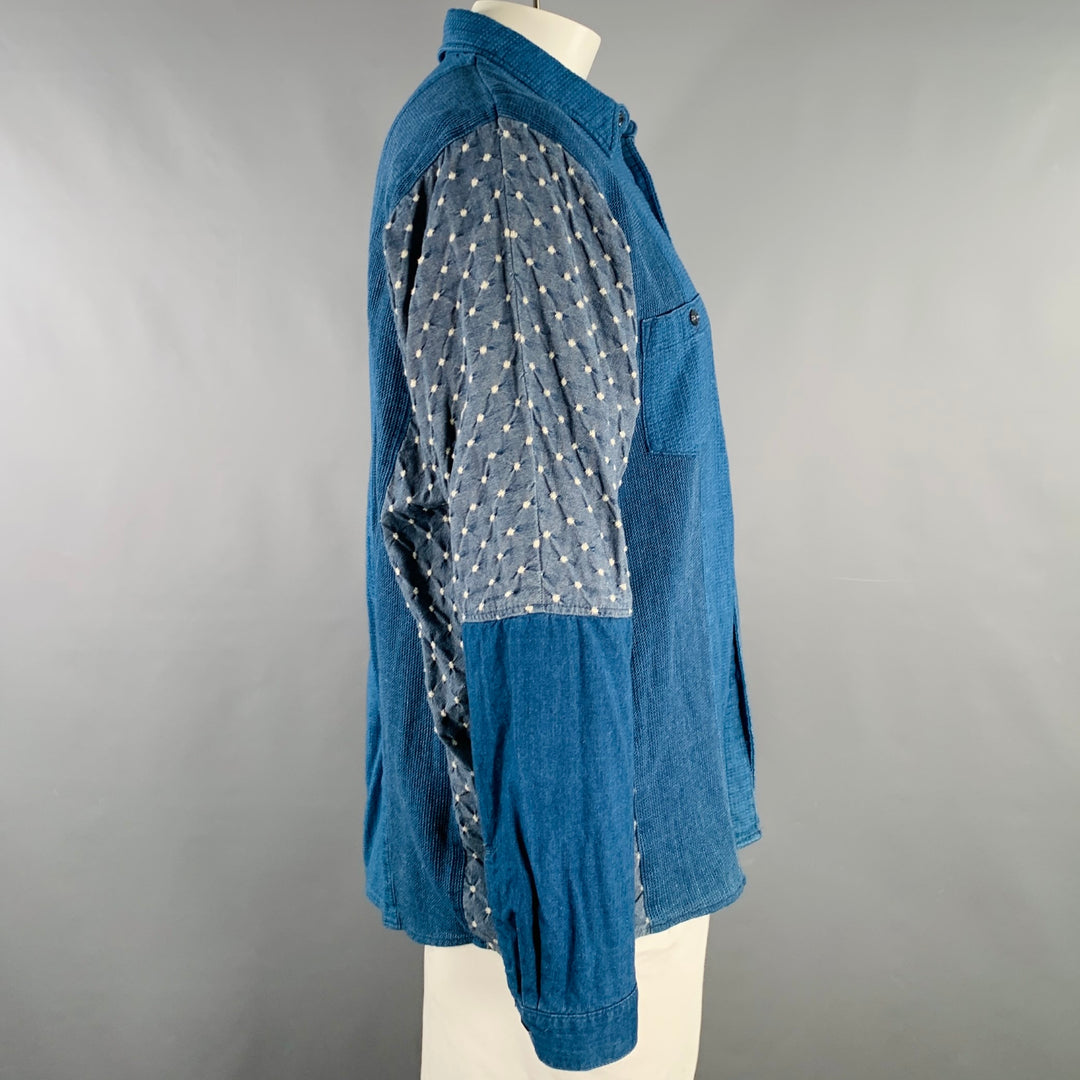 FDMTL Size XL Indigo Mixed Fabrics Cotton Patch Pockets Long Sleeve Shirt