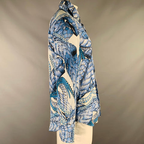 BILLIONAIRE COUTURE Size L White Blue Animal Print Silk Long Sleeve Shirt
