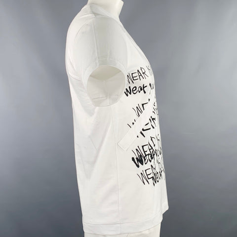 COMME des GARCONS HOMME PLUS 2019 Size M White Black Print Cotton Crew Neck T-shirt