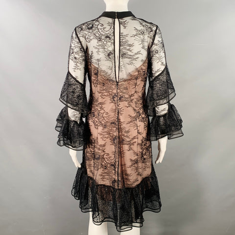 NHA KHANH Size 6 Black Nude Polyester Ruffled Long Sleeve Lace Cocktail Dress