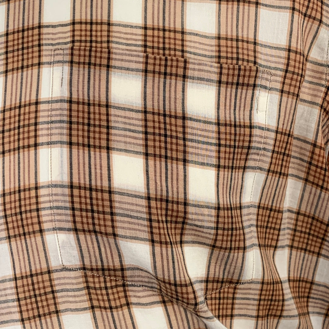 DRIES VAN NOTEN Size M Cream Brown Black Plaid Cotton Sheer Short Sleeve Shirt