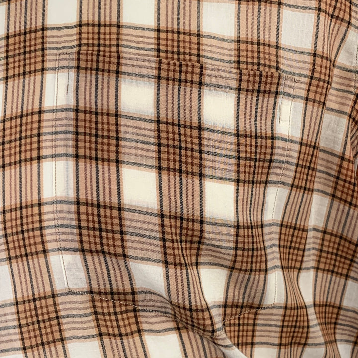DRIES VAN NOTEN Size M Cream Brown Black Plaid Cotton Sheer Short Sleeve Shirt