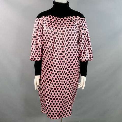 UNGARO Vintage 1980s Size L Pink Black Silk Polka Dot Turtleneck Tent Dress