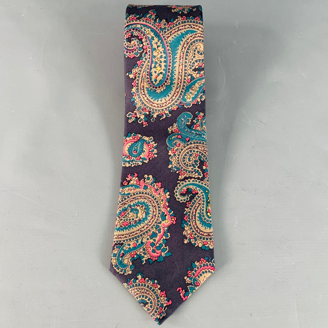 BURBERRYS Vintage Navy Teal Pink Paisley Silk Twill Tie