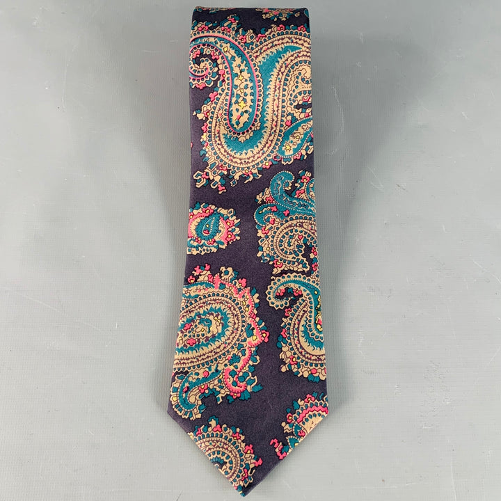 BURBERRYS Vintage Navy Teal Pink Paisley Silk Twill Tie