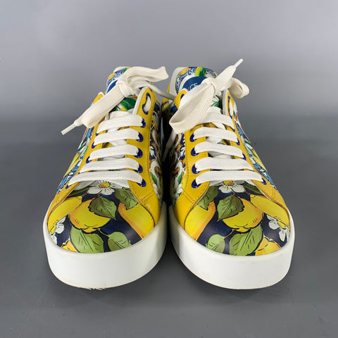 DOLCE & GABBANA Size 7 Yellow Blue Leather Floral Low Top Sneakers