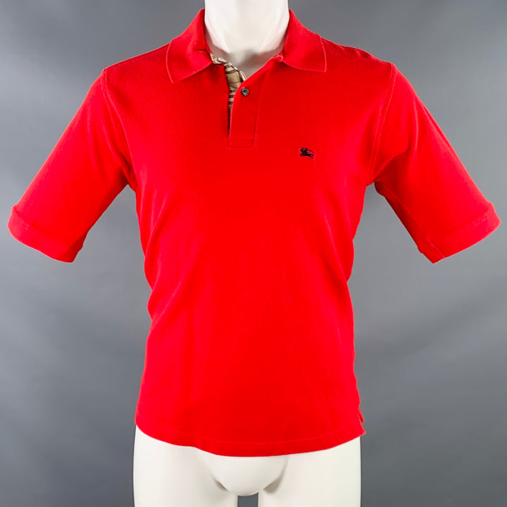 BURBERRY Size S Red Contrast Check Trim Cotton Pique Polo