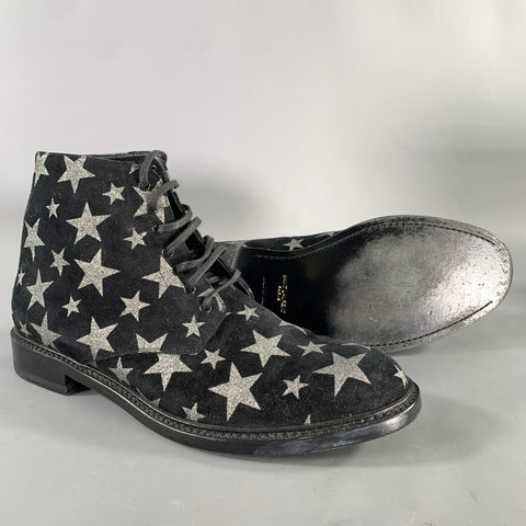 SAINT LAURENT Size 7.5 Black Silver Stars Leather Lace Up Boots