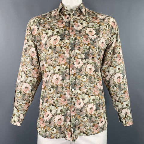 PAUL SMITH Taille XXL Chemise à manches longues en coton avec une poche à motif floral crème et olive