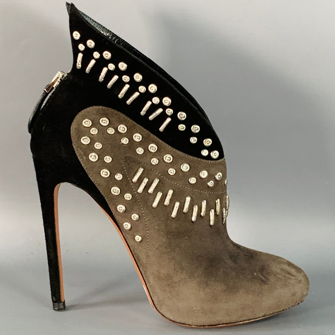 ALAIA Size 7.5 Black Grey Studded Suede Back Zipper Stiletto Booties