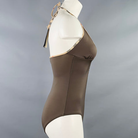 BURBERRY BRIT Size S Brown Beige Polyamide Blend Contrast Trim Swimsuit
