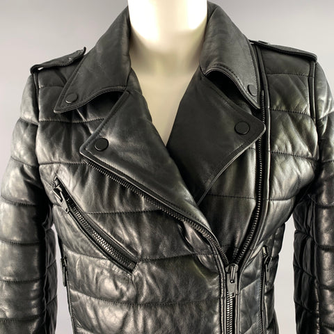 ALEXANDER WANG Size 8 Black Leather Quilted Puffer Moto Racer Jacket