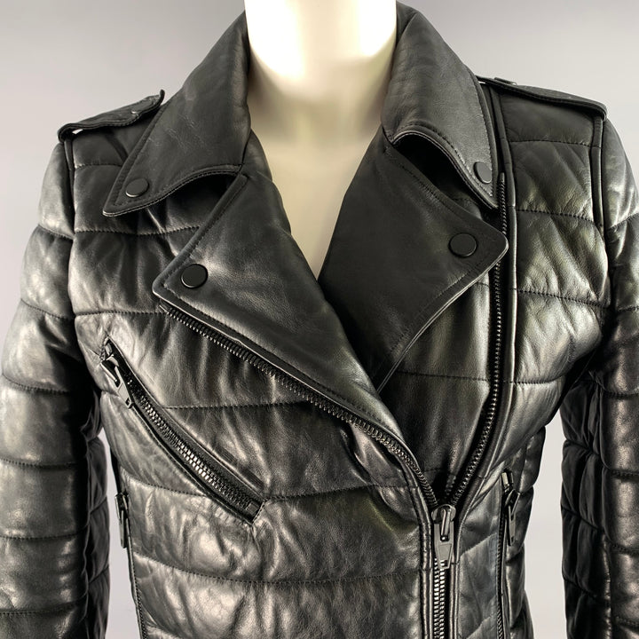 ALEXANDER WANG Size 8 Black Leather Quilted Puffer Moto Racer Jacket
