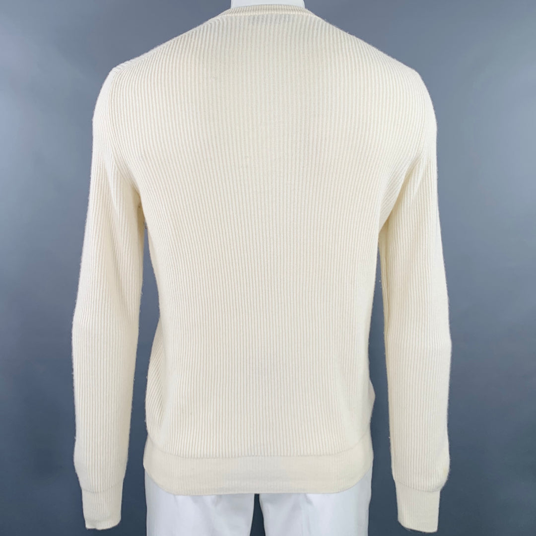 LORO PIANA Size L Cream Ribbed Cashmere Crew Neck Pullover