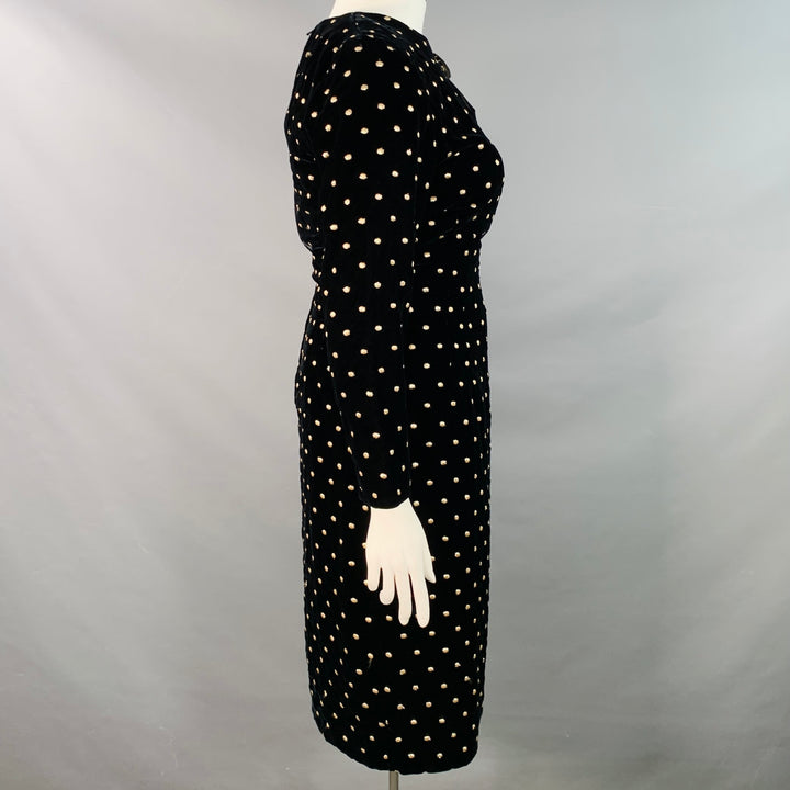 AKRIS Size 14 Black Metallic Gold Velvet Polka Dot Long Sleeve Bow Midi Dress