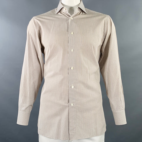 ERMENEGILDO ZEGNA Size L White Brown Checkered Cotton Slim Fit Long Sleeve Shirt