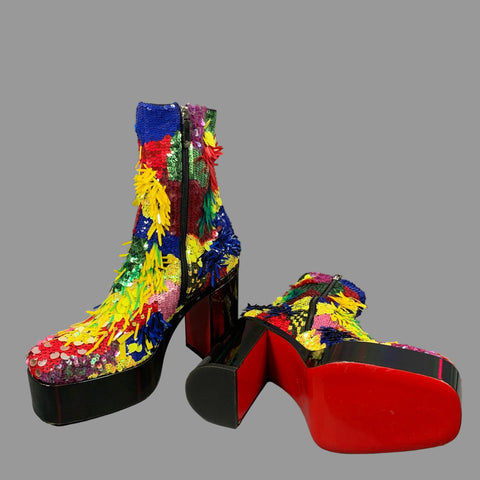 CHRISTIAN LOUBOUTIN Size 11 Multi-Color Sequined Leather Platform Boots