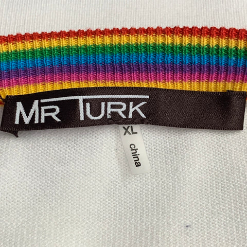 MR TURK Taille XL T-shirt Ringer en coton tricoté multicolore arc-en-ciel blanc