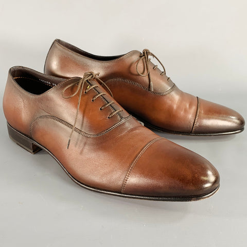SANTONI Size 11 Darian Brown Leather Cap Toe Oxford Lace-Up Shoes