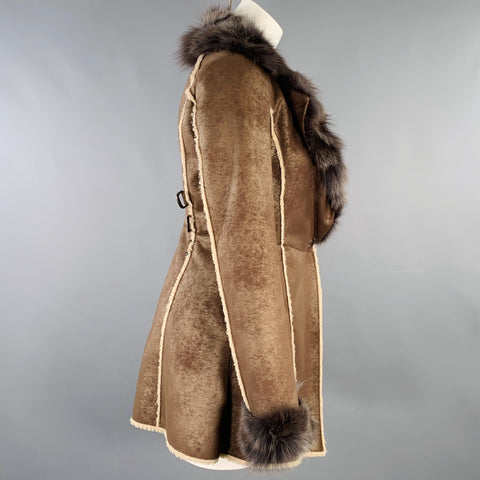 PELLACCI Size XS Brown Cream Leather Fur Trim Snaps Coat