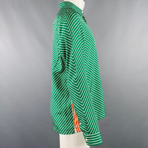 PRADA Size M Green White Stripe Silk One Pocket Long Sleeve Shirt