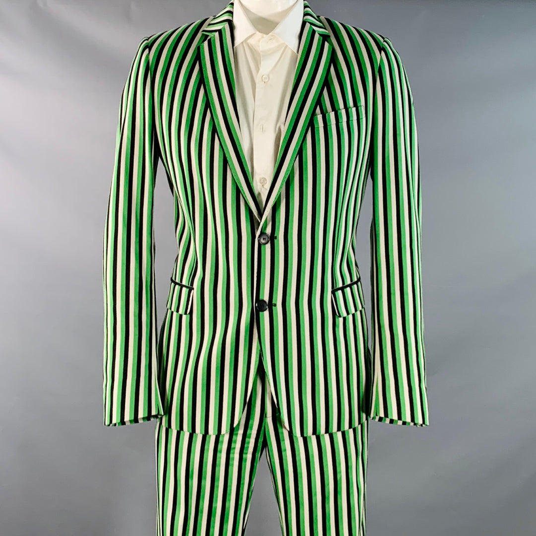 WALTER VAN BEIRENDONCK SS17 Size 42 Long Green Black White Wool Cotton Stripe Suit